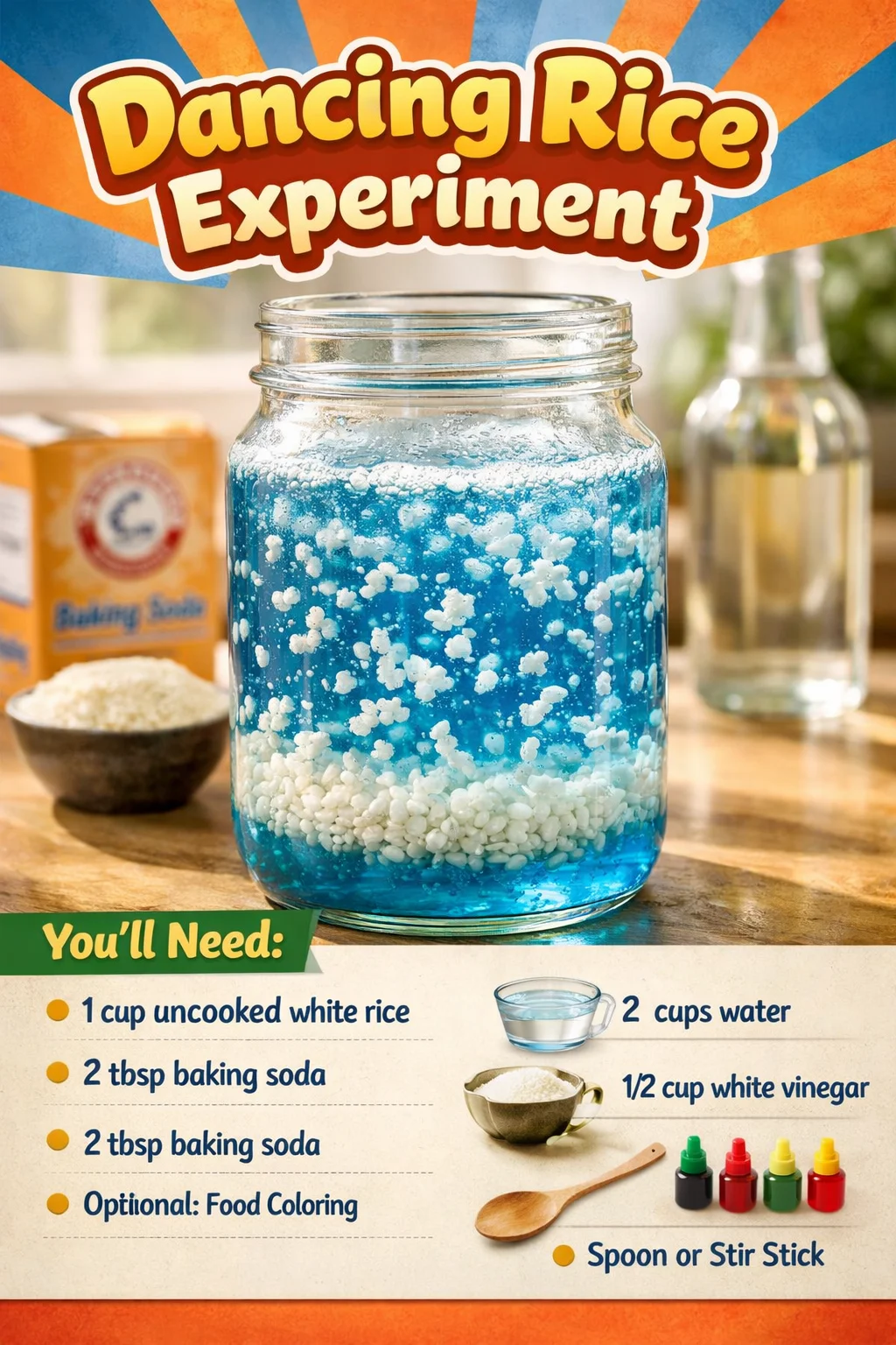 Dancing rice experiment showcasing rice grains moving in water due to carbonated bubbles.