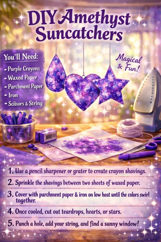 Colorful DIY amethyst suncatchers catching the sunlight in a vibrant display