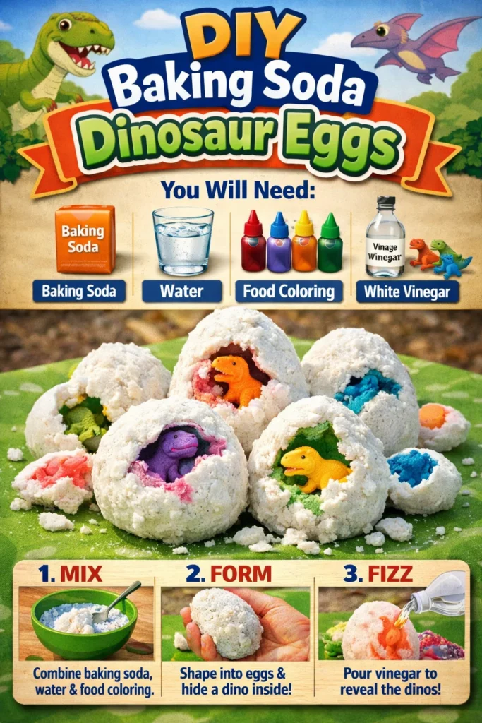 Colorful DIY baking soda dinosaur eggs ready for a fun science activity