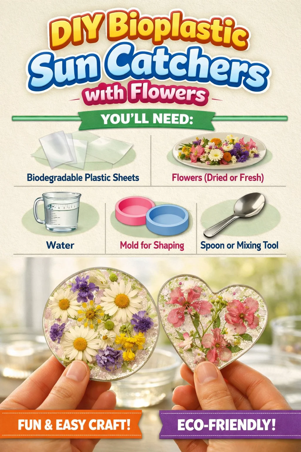 Colorful DIY bioplastic sun catchers adorned with pressed flowers.
