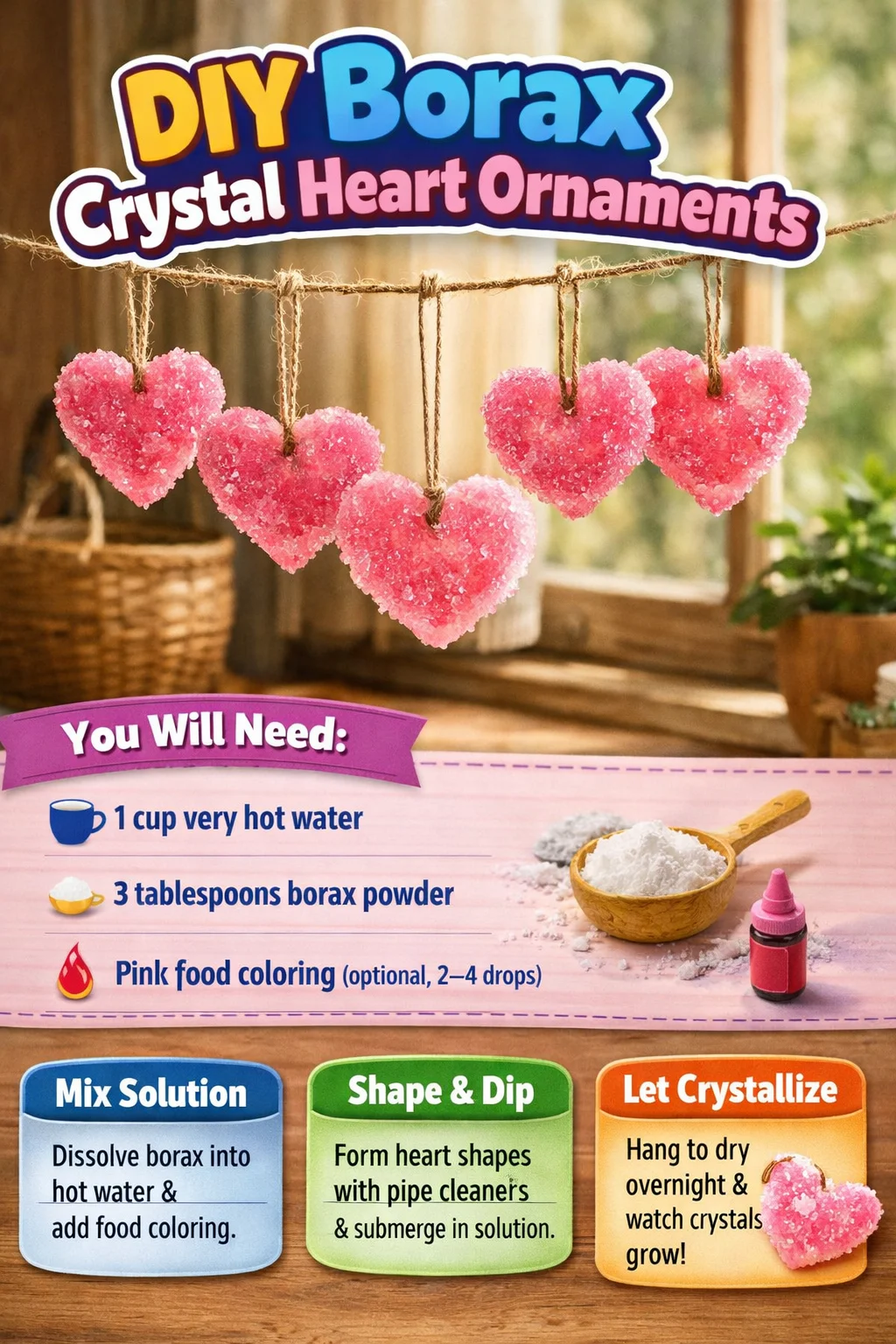DIY Borax crystal heart ornaments hanging in a colorful display.