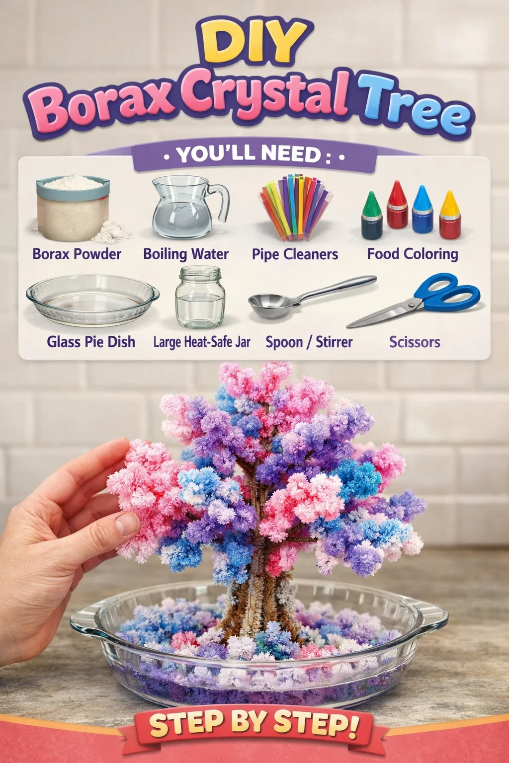 DIY Borax Crystal Tree with vibrant crystals forming on branches