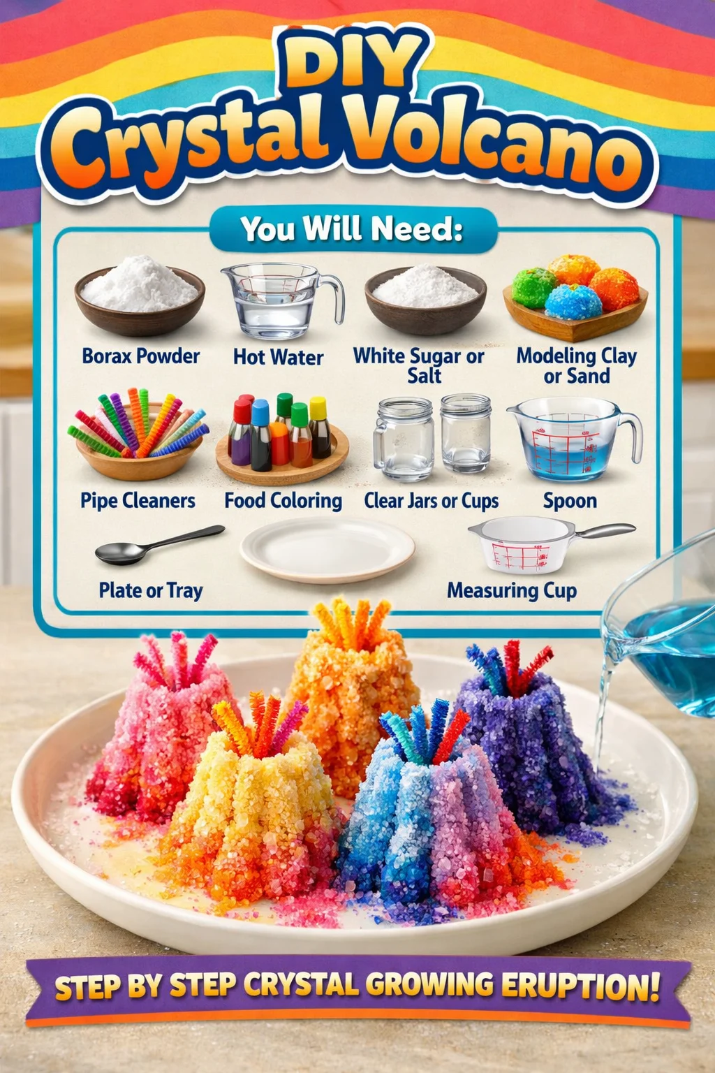A DIY Crystal Volcano project with colorful crystals and bubbling eruption effects.