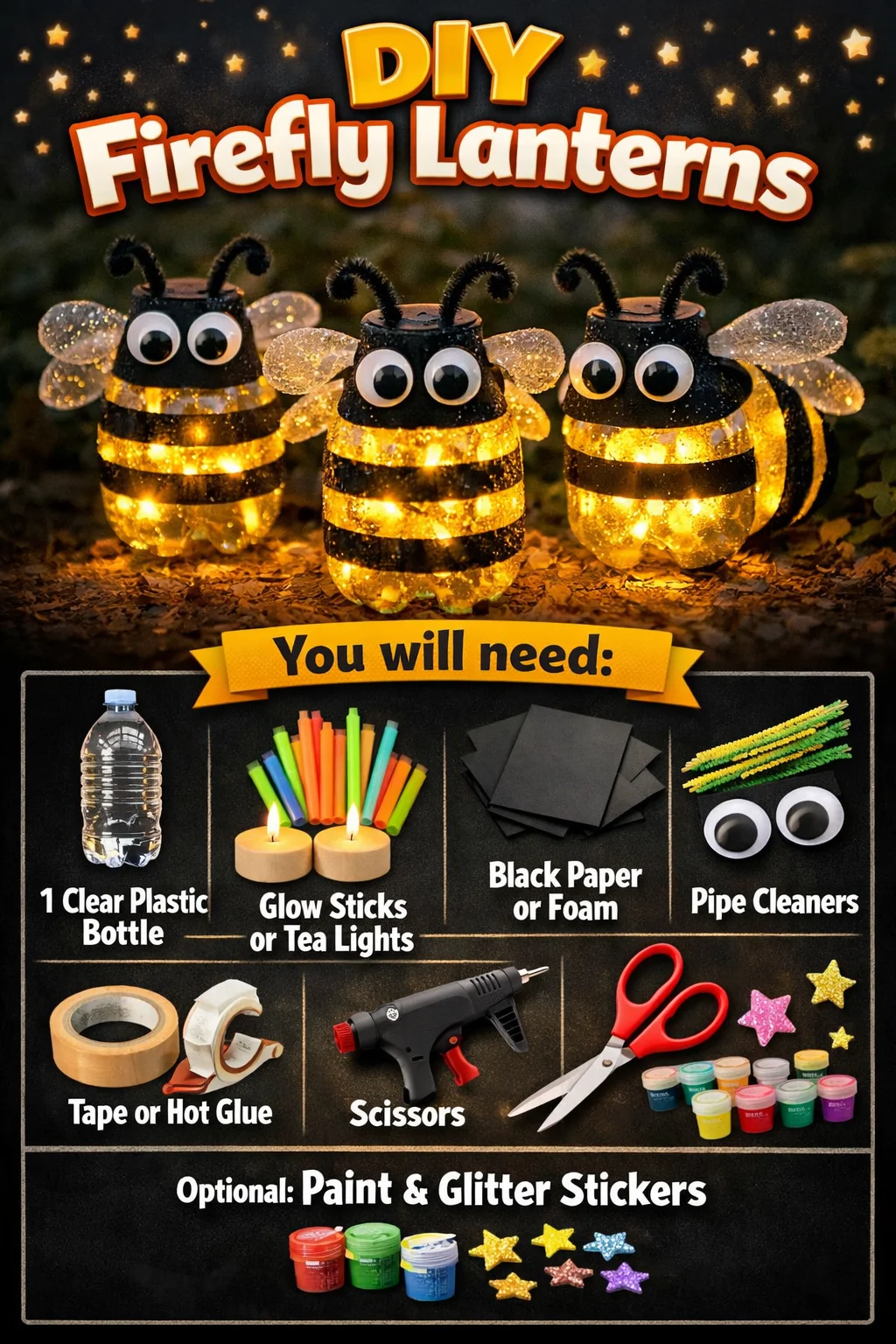 DIY firefly lanterns made from jars and fairy lights for outdoor decoration