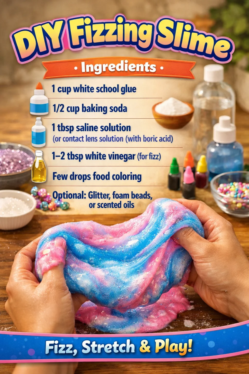 Colorful DIY fizzing slime with bubbling reaction for kids' science fun