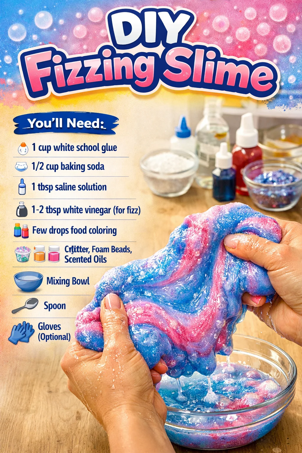 Colorful DIY fizzing slime in a bowl, ready for fun and sensory activities.