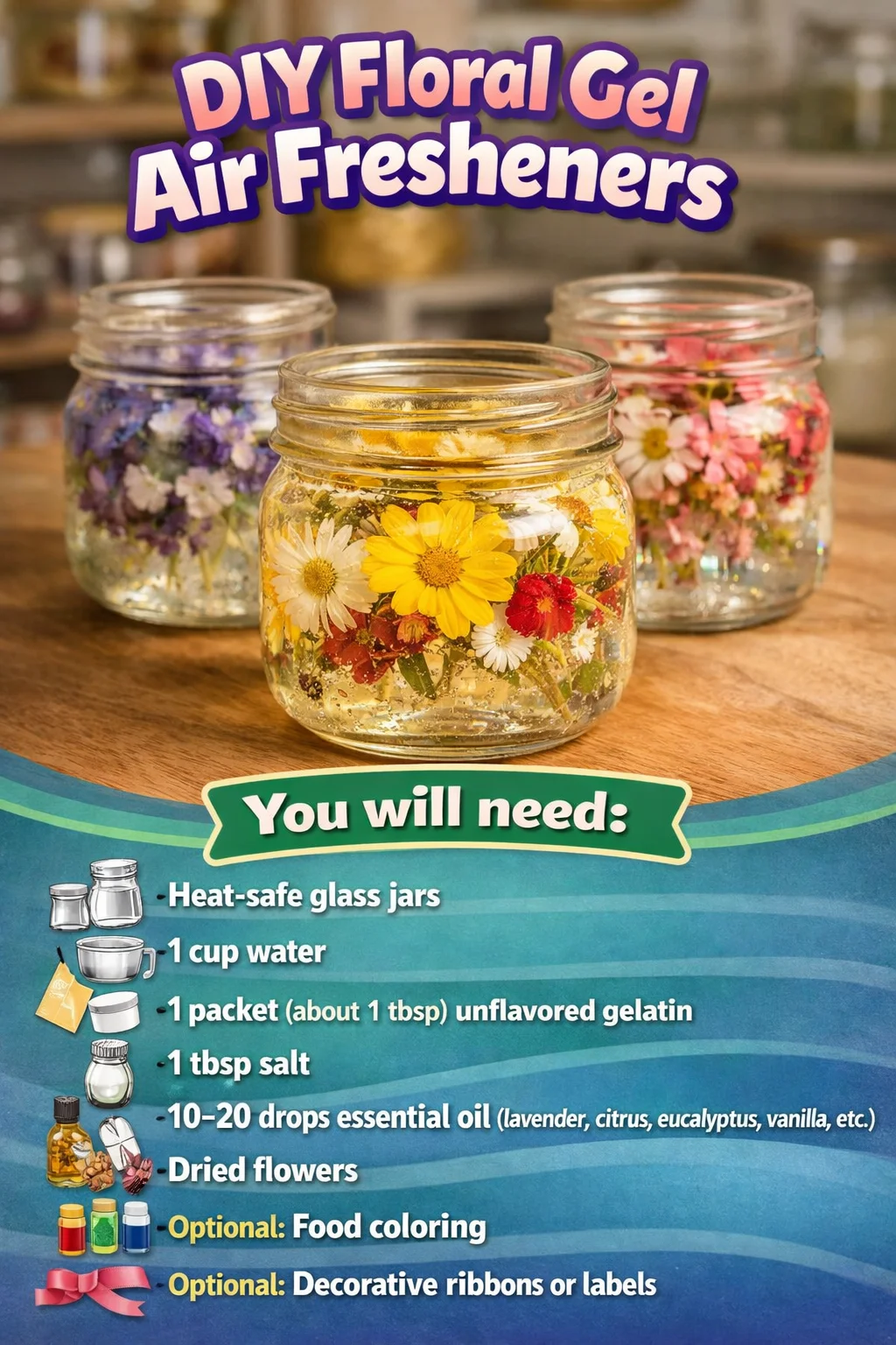 DIY floral gel air fresheners in vibrant colors and natural scents.