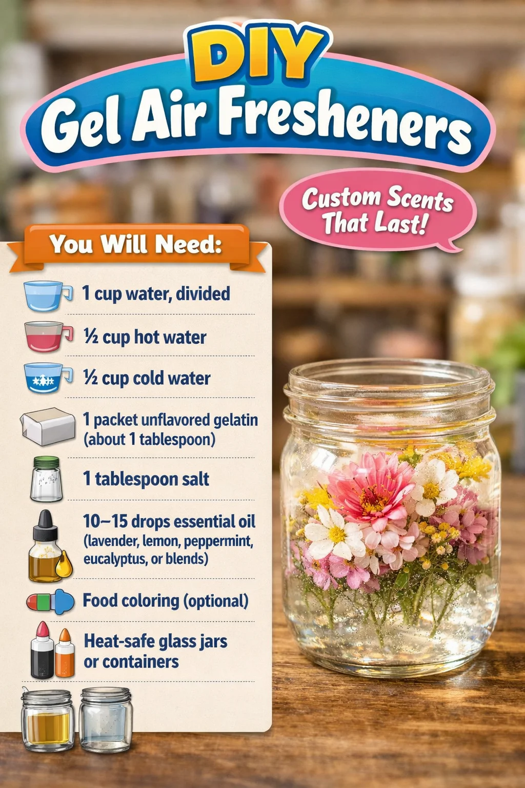 Homemade gel air fresheners in colorful jars for natural home fragrance