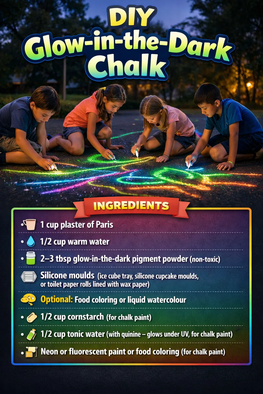 DIY glow-in-the-dark chalk project materials and finished product