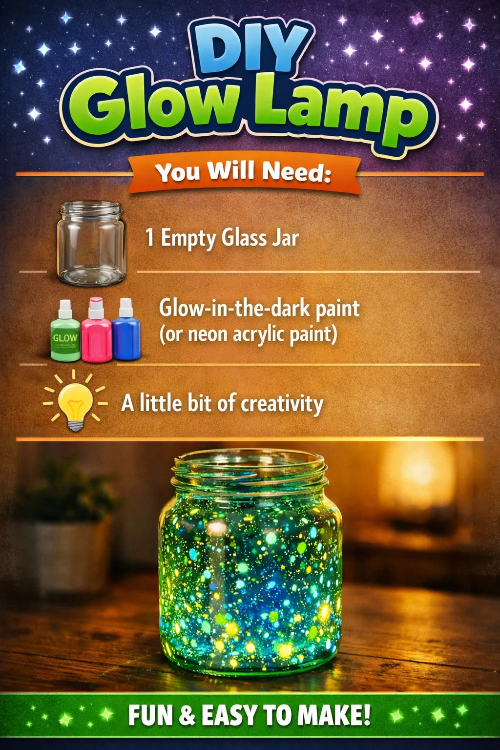 Colorful DIY glow lamp illuminating a dark room