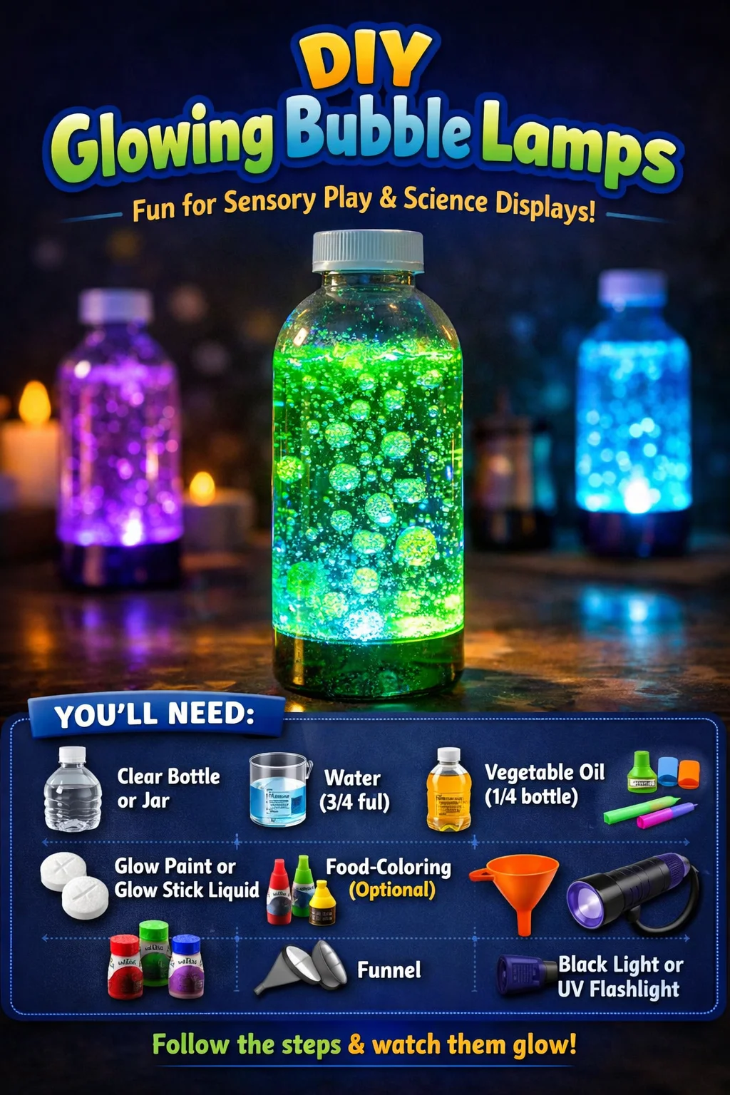 DIY glowing bubble lamps with colorful bubbles illuminating a dark room