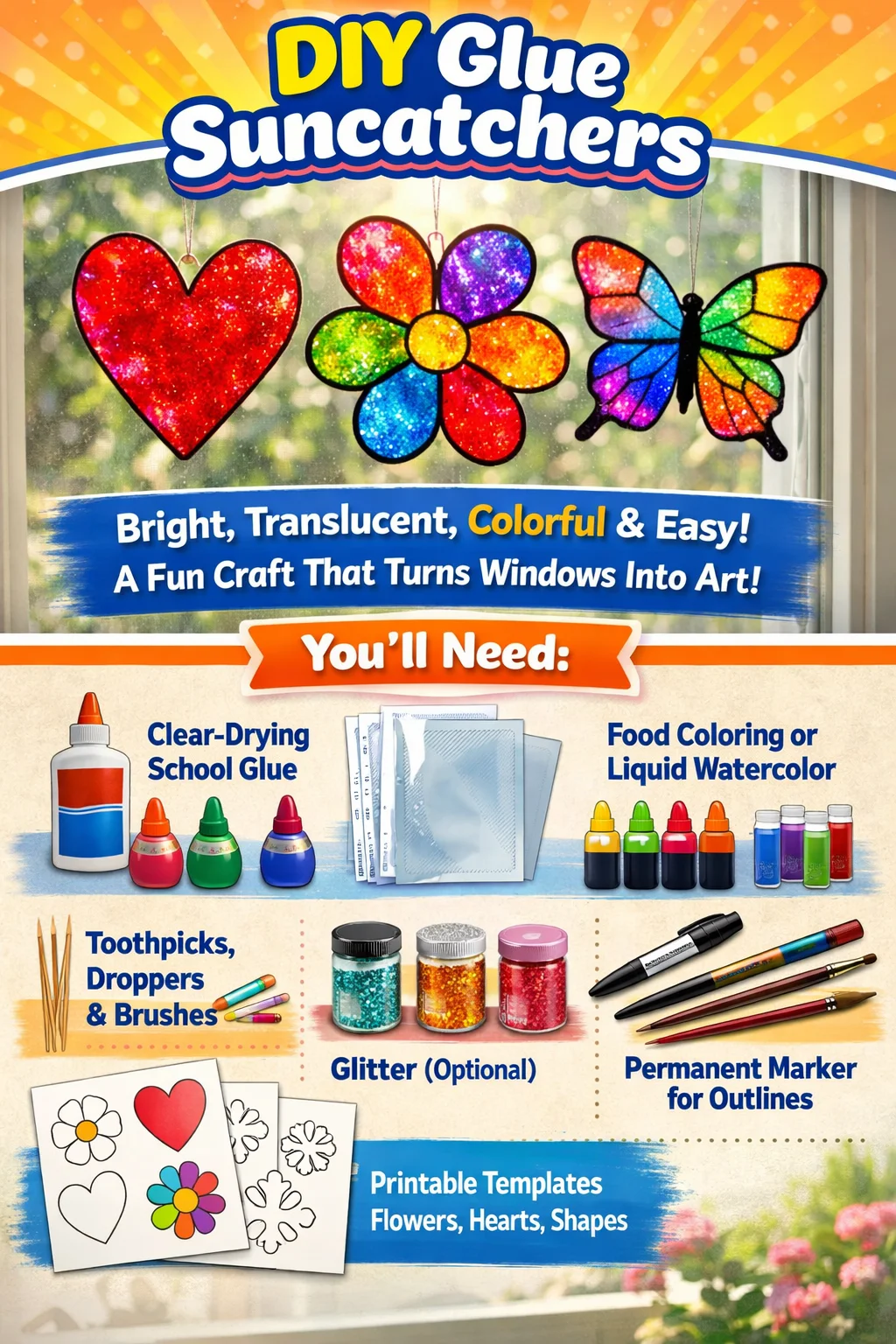 Colorful DIY glue suncatchers hanging in a sunny window.