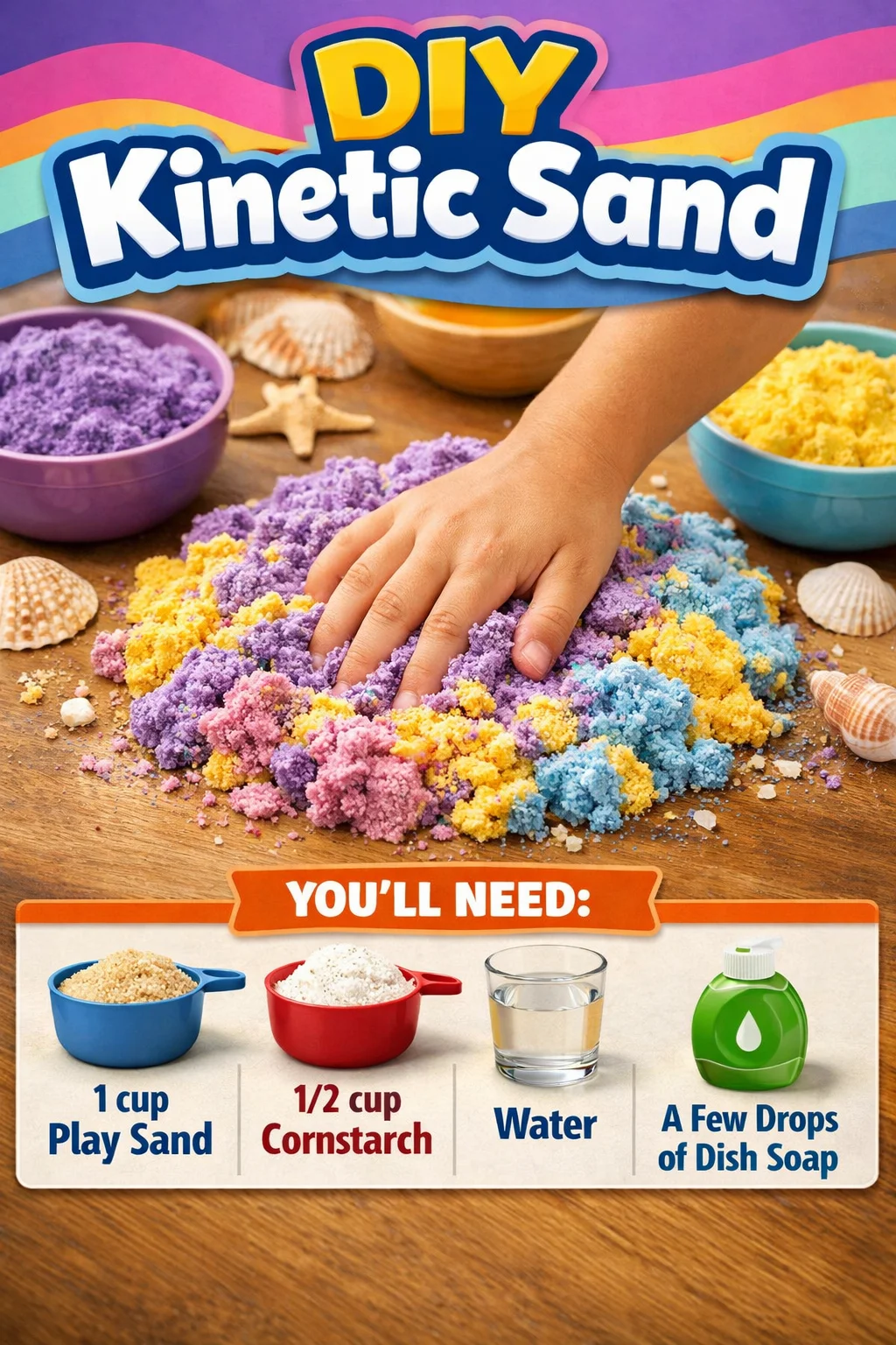 DIY kinetic sand tutorial with colorful sand and shaping tools.