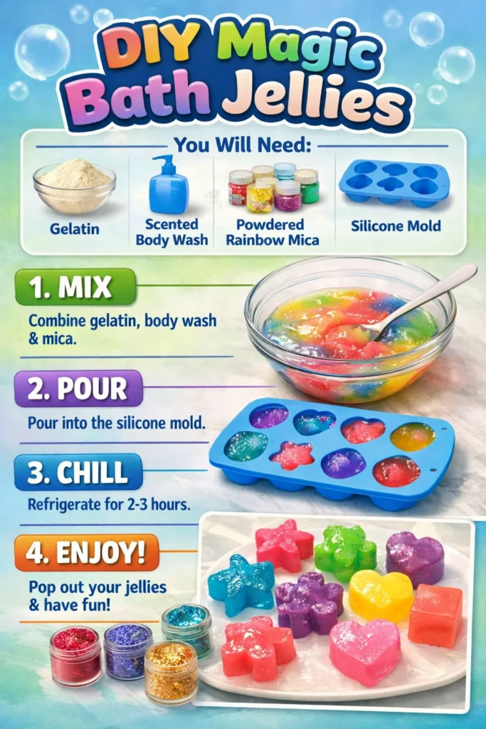 Colorful DIY magic bath jellies in various shapes and sizes for a relaxing experience.
