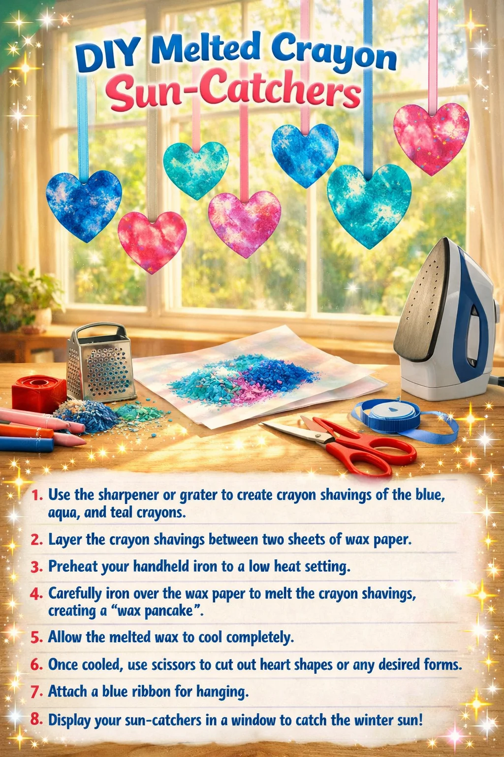 Colorful melted crayon sun-catchers hanging in a window