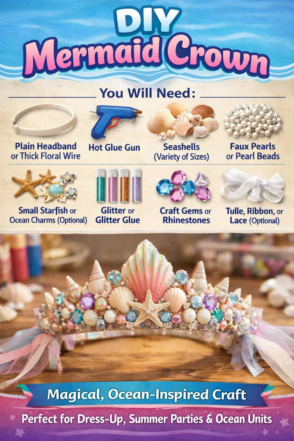Beautifully crafted DIY mermaid crown adorned with seashells and sparkles