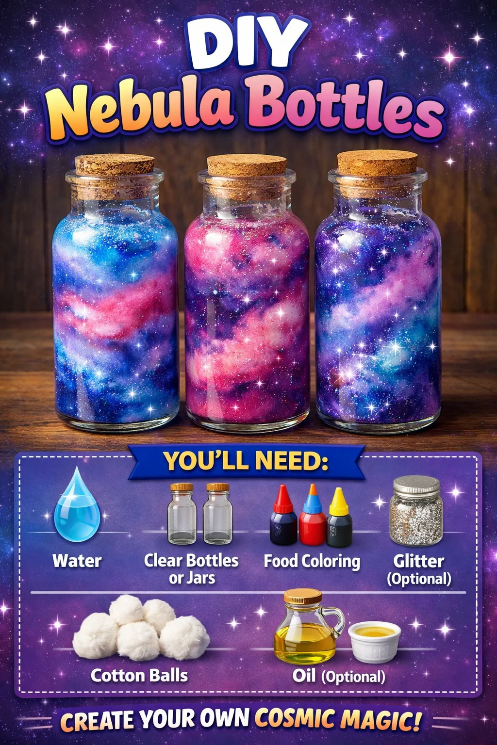 Colorful DIY Nebula Bottles with swirling cosmic patterns in vibrant hues.