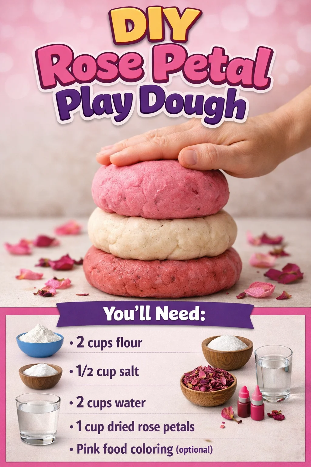 DIY Rose Petal Play Dough crafted with natural ingredients for sensory play.