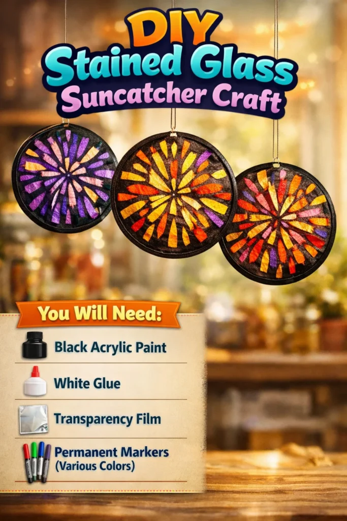 DIY stained glass suncatcher craft project showcasing colorful designs