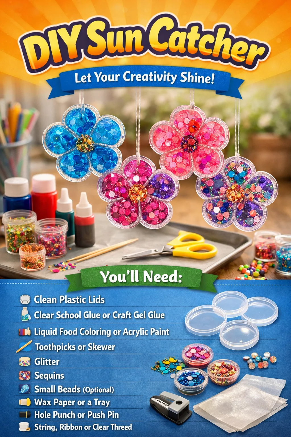 A colorful DIY sun catcher hanging in a window, showcasing vibrant light reflections.