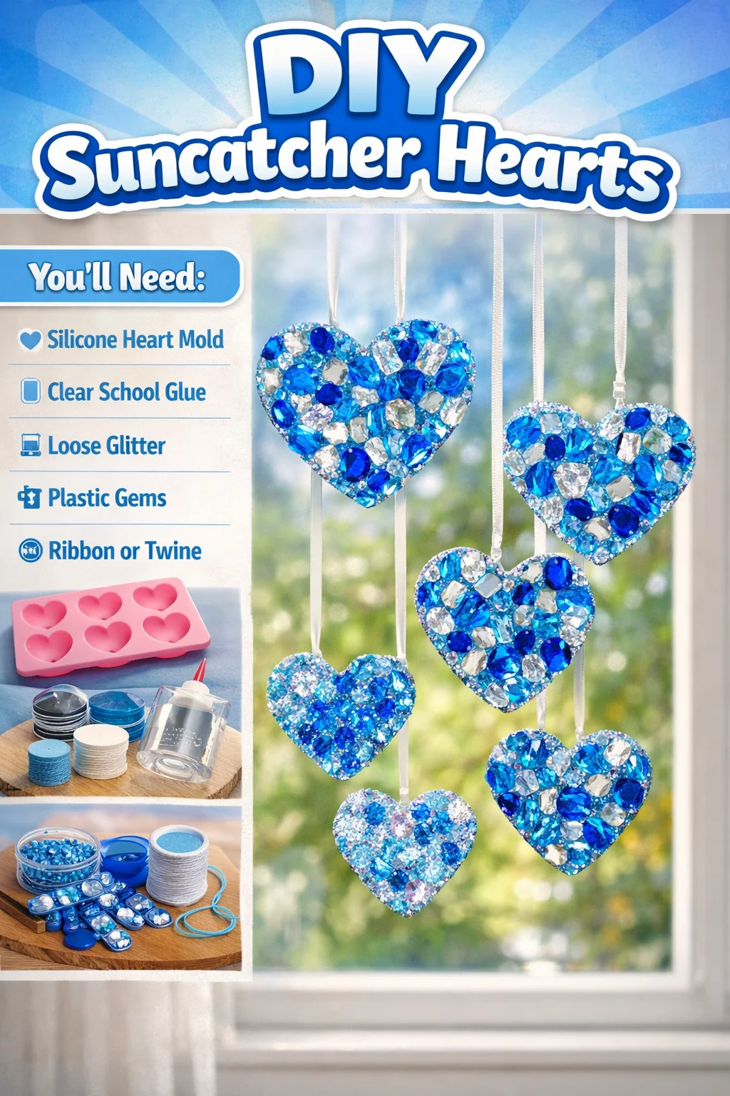 Beautiful DIY suncatcher hearts hanging in sunlight, creating vibrant colors.