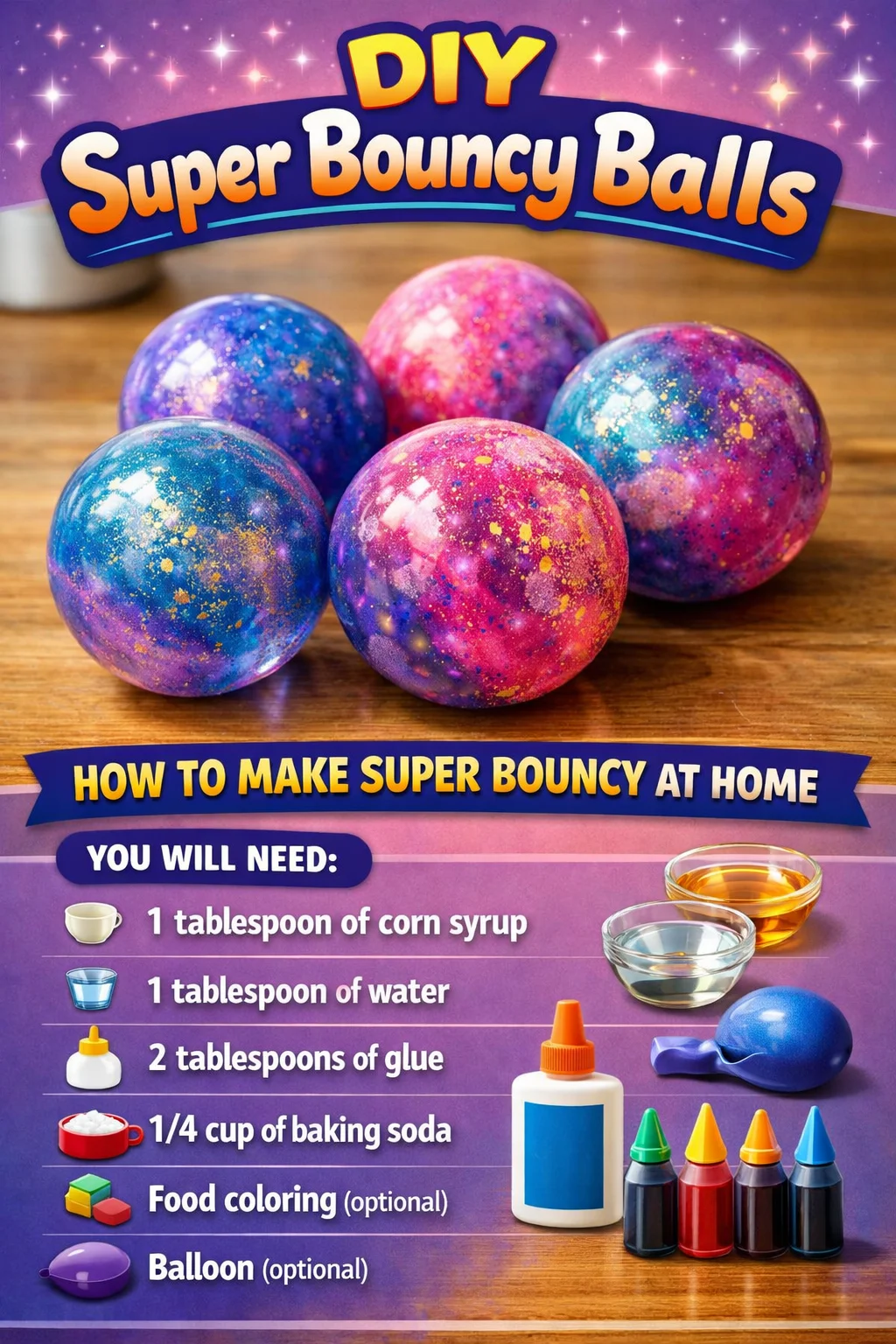 Colorful homemade DIY super bouncy balls displayed on a table