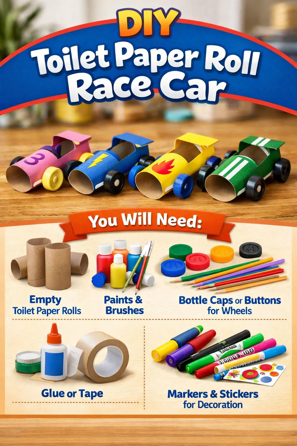 DIY toilet paper roll race car craft project for kids