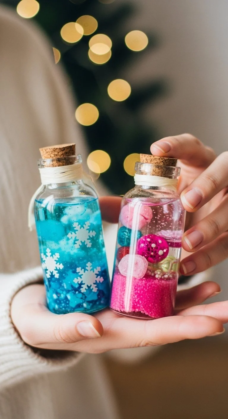 Colorful DIY winter sensory bottles for sensory play and winter activities