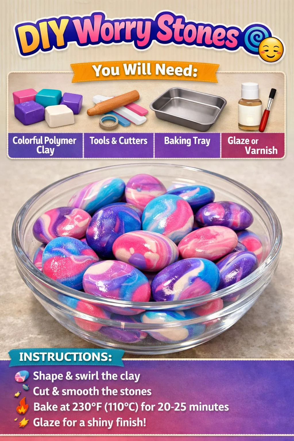 DIY worry stones crafted for relaxation and stress relief.