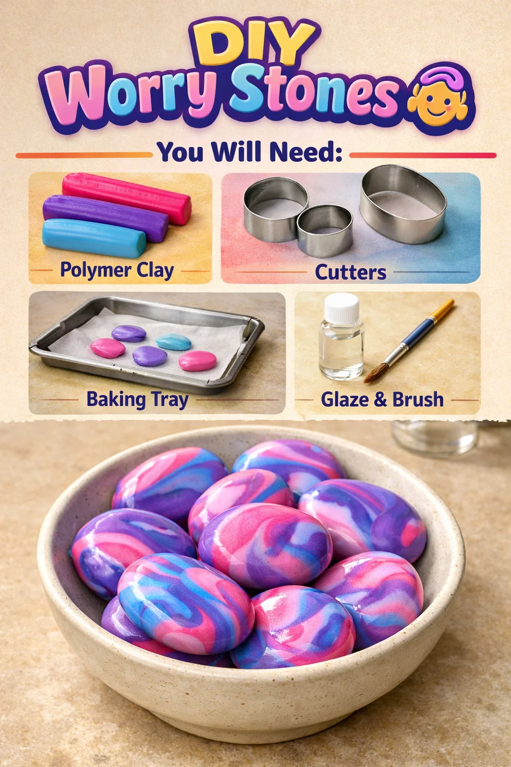 Handmade DIY worry stones for stress relief and mindfulness.