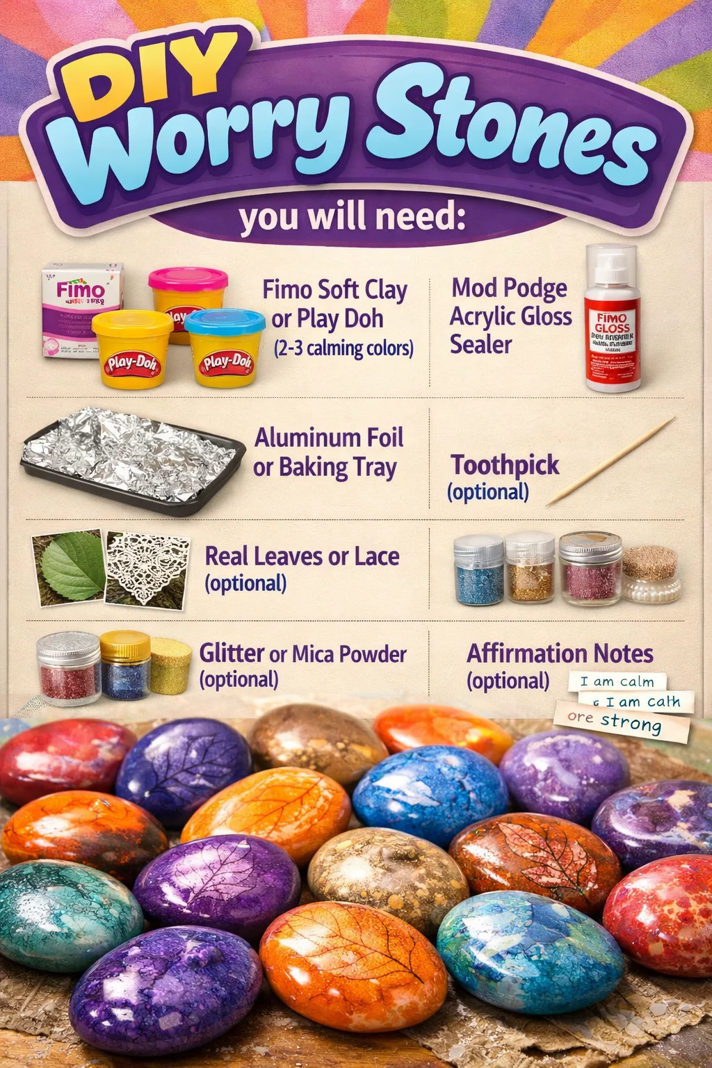 Handmade DIY worry stones for stress relief and relaxation.