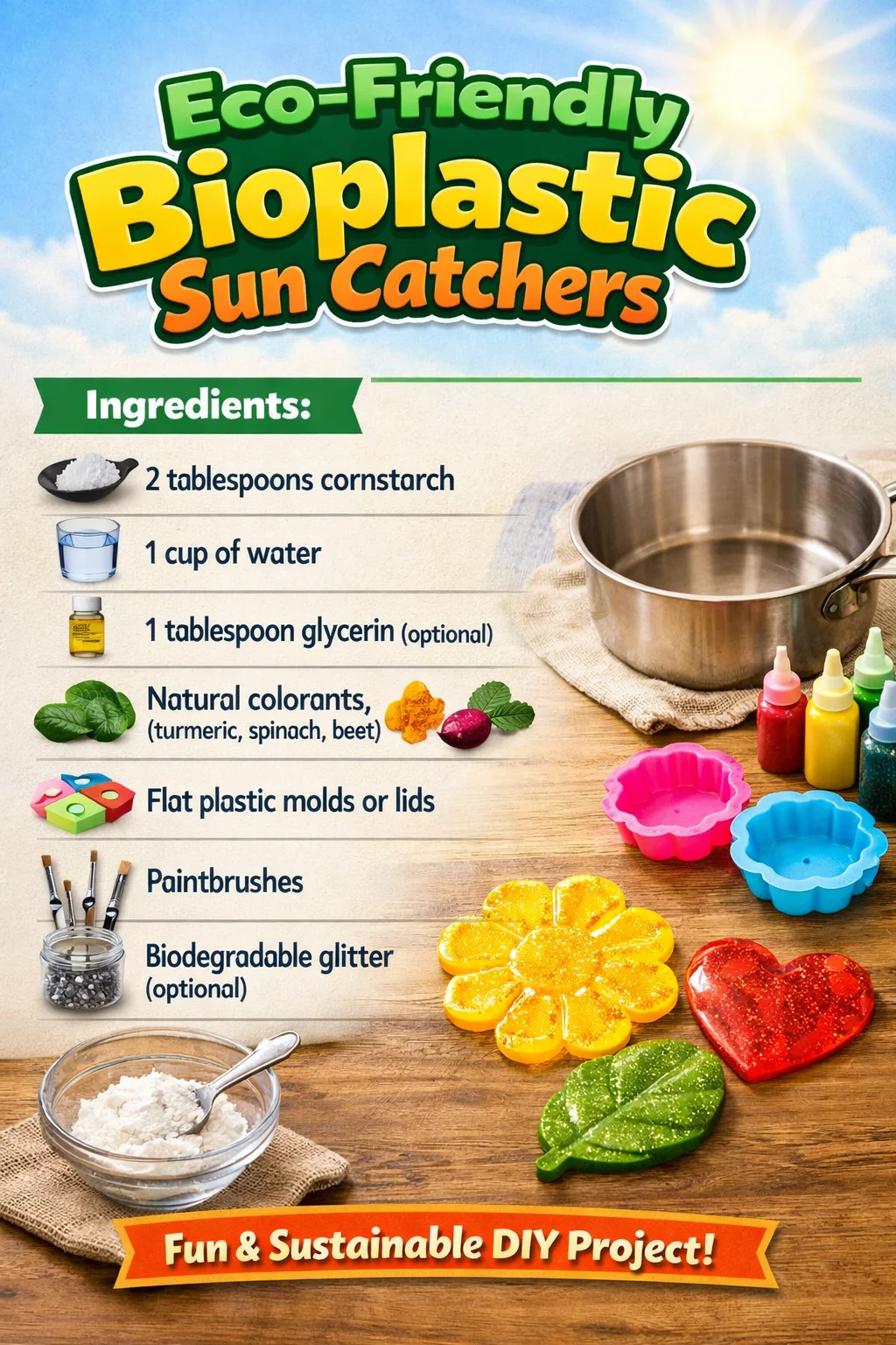 Eco-friendly bioplastic sun catchers in vibrant colors catching sunlight