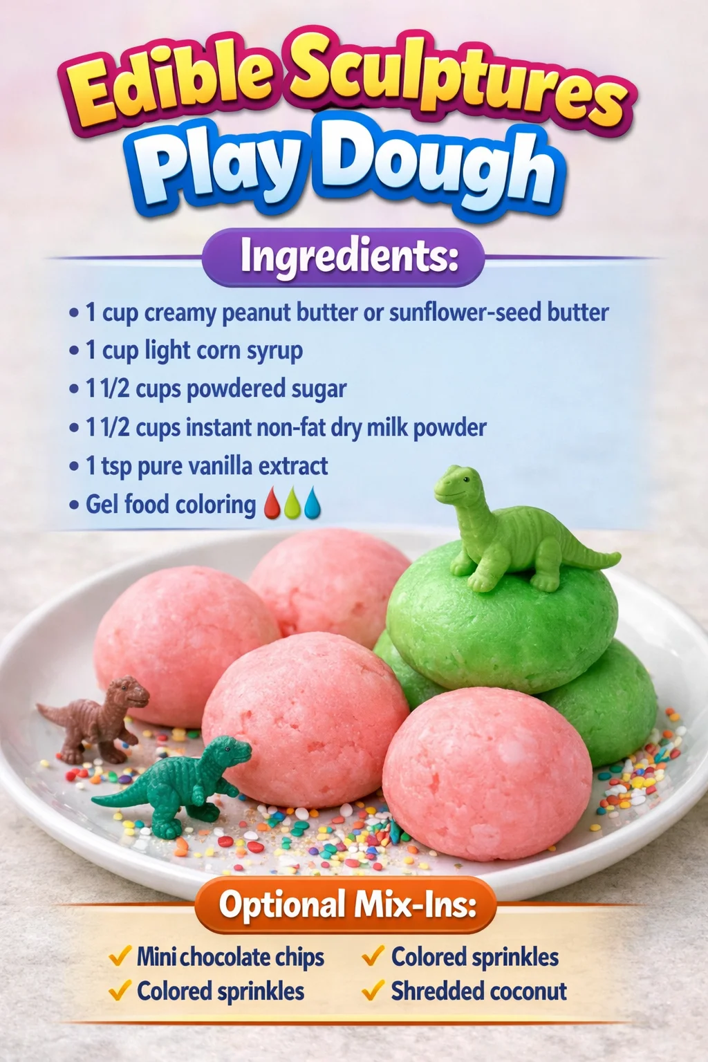 Colorful edible sculptures made of play dough, showcasing creativity and fun.