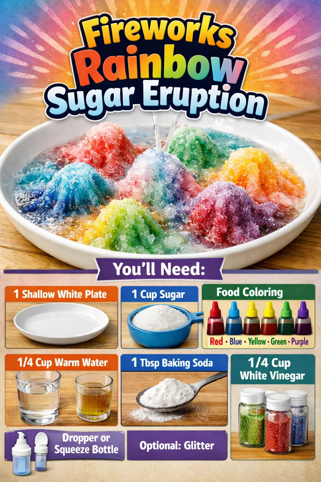 Fireworks display depicting a rainbow sugar eruption in the night sky.