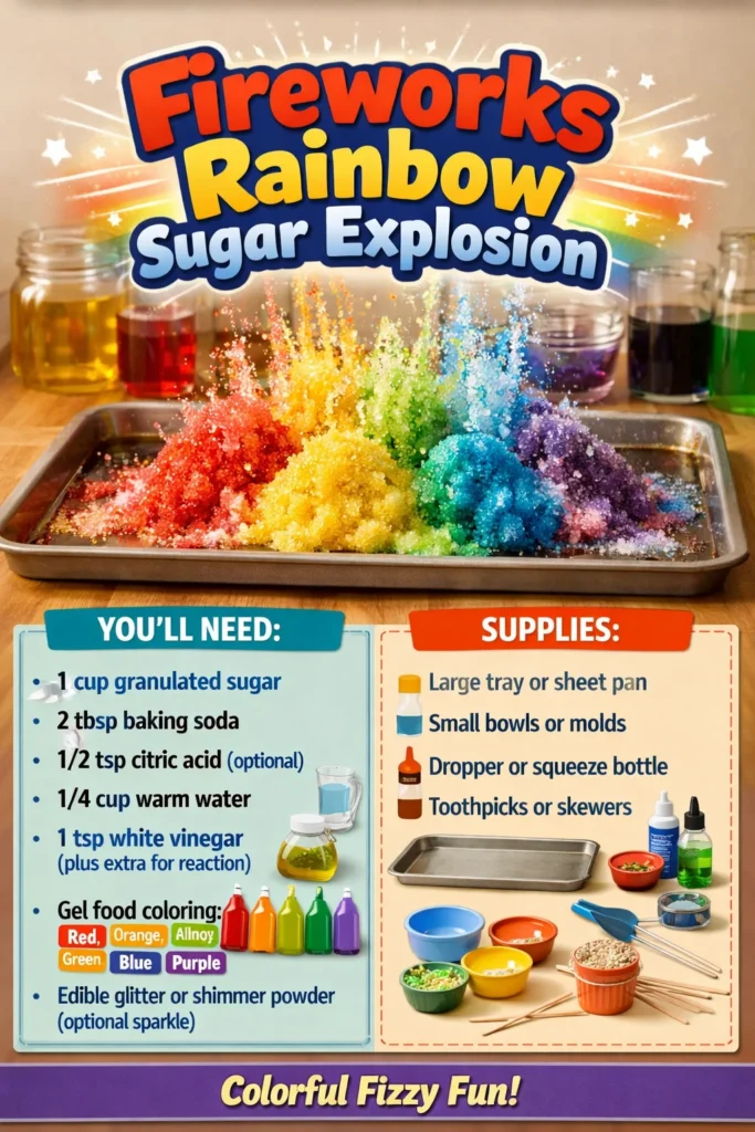 Colorful Fireworks Rainbow Sugar Explosion dessert bursting with flavors.