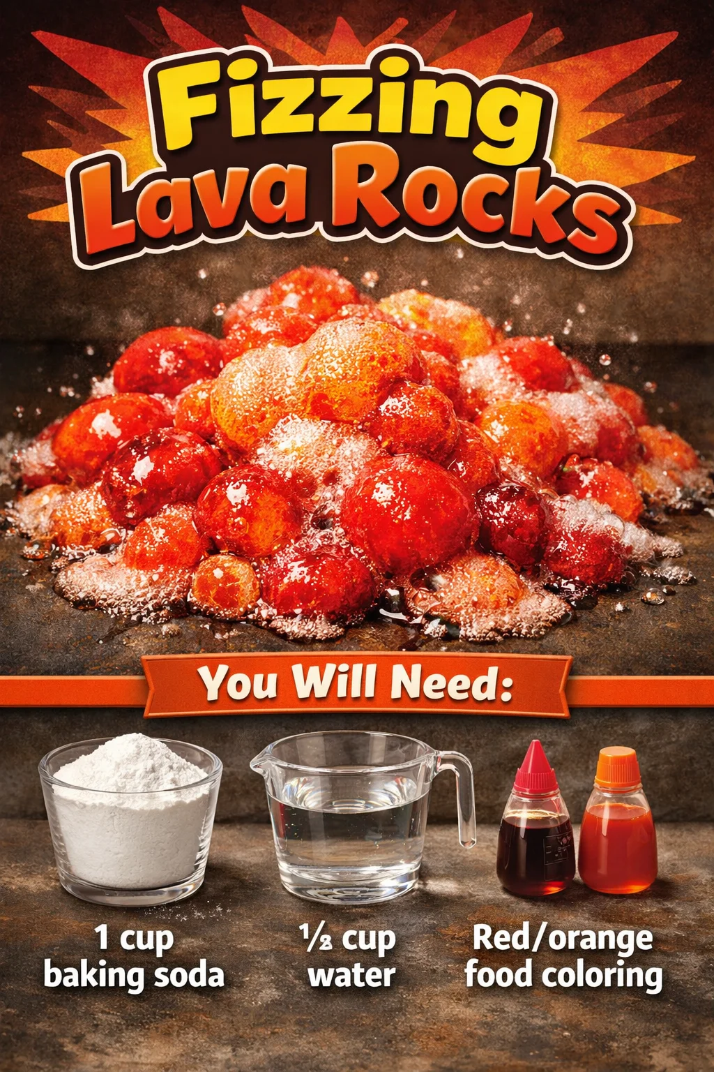 Close-up of fizzing lava rocks creating bubbles in a science experiment.