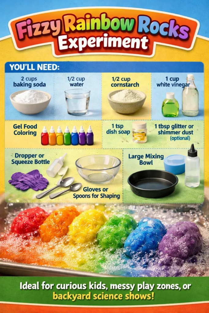 Colorful fizzy rainbow rocks experiment demonstrating chemical reactions.