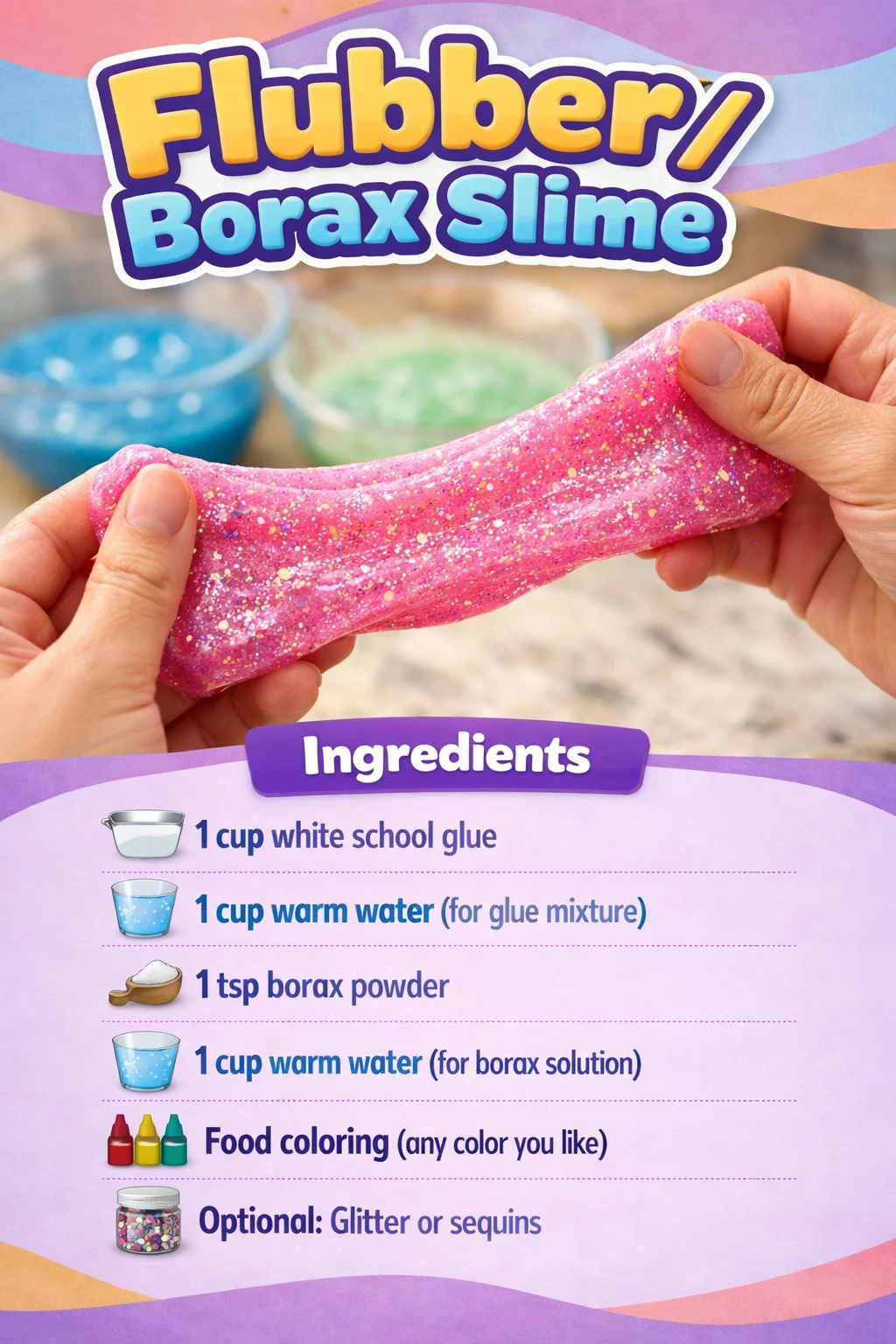 Colorful Borax slime stretching between hands, showcasing flubber-like texture.