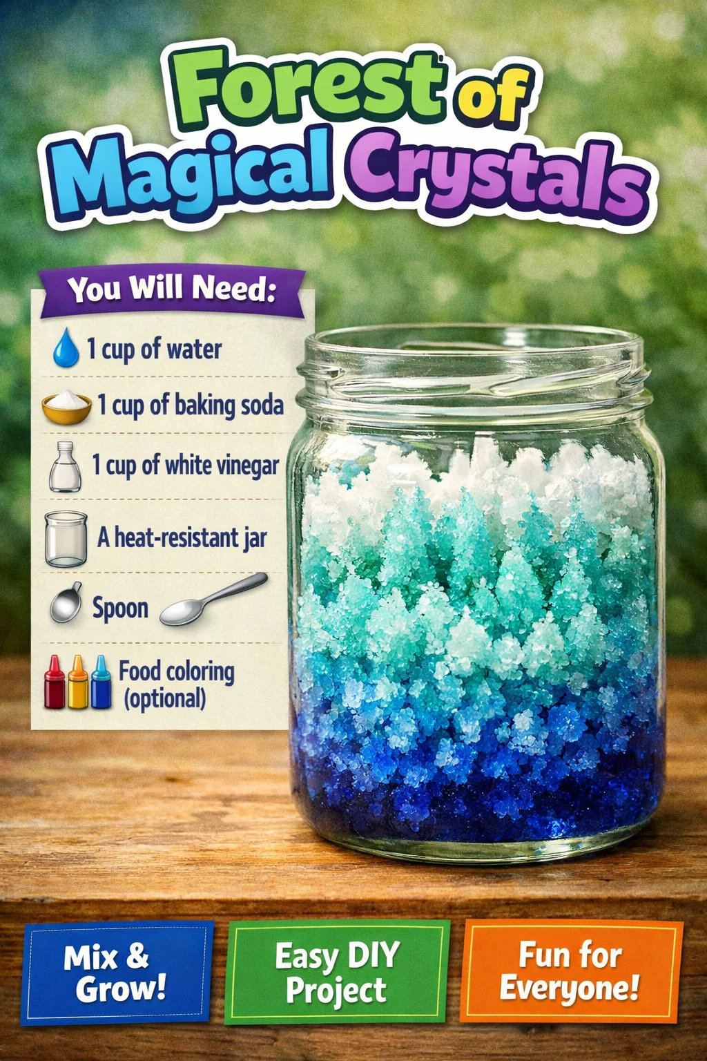 Vibrant magical crystals in a mystical forest setting