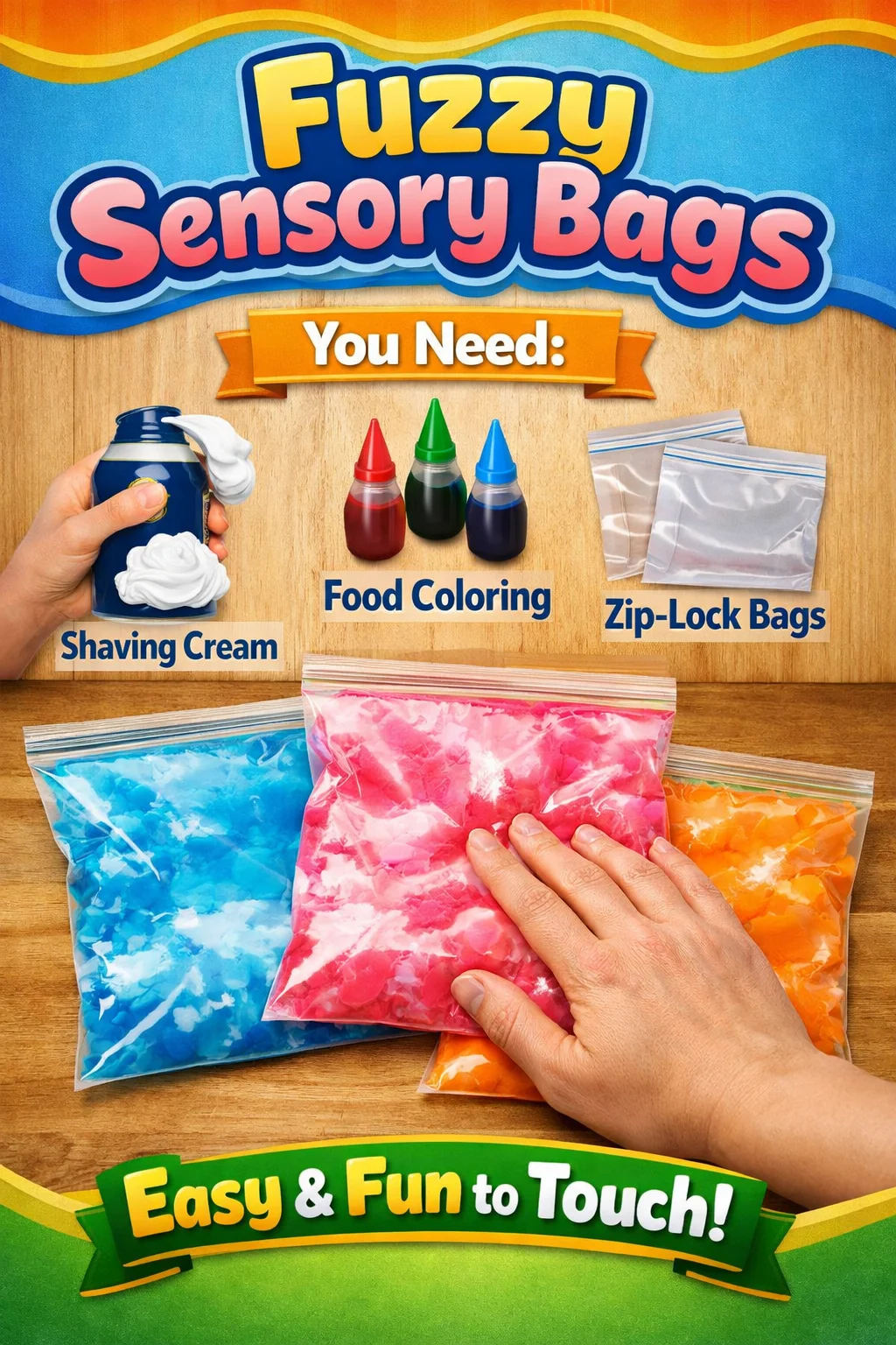 Colorful fuzzy sensory bags filled with various textures for sensory play