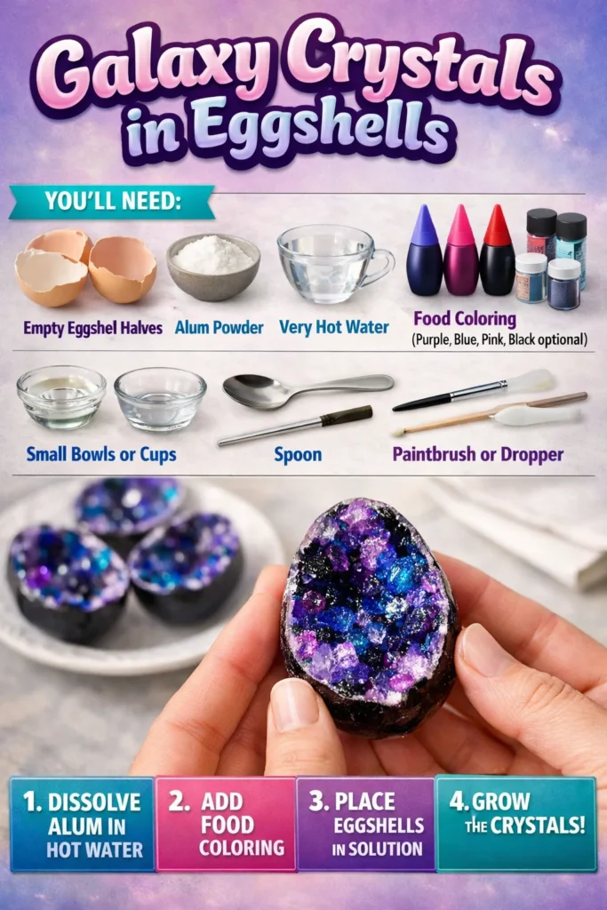 Beautiful galaxy crystals displayed in decorative eggshells