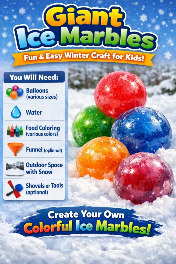 Colorful giant ice marbles displayed outdoors in a winter setting.