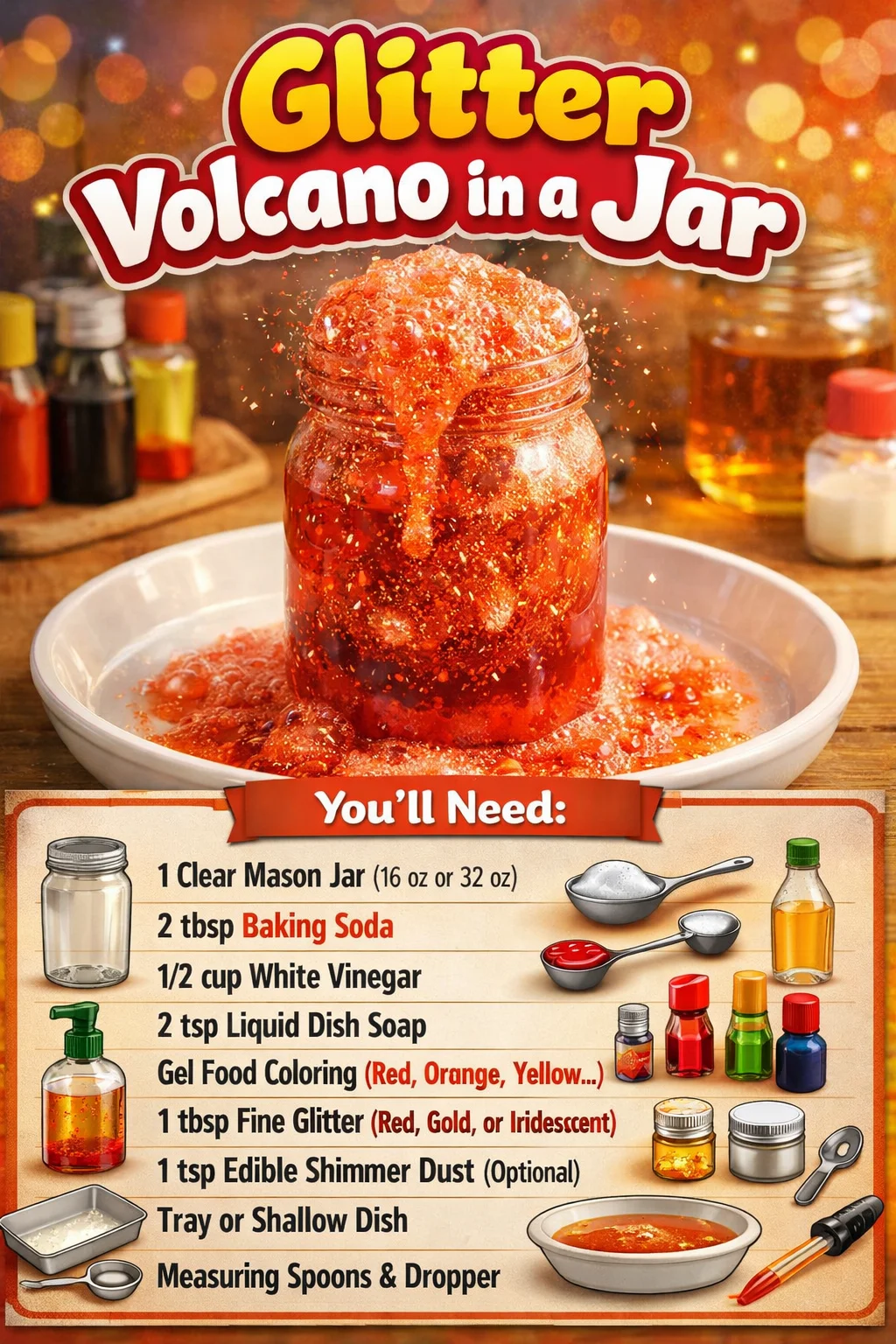 DIY glitter volcano in a jar experiment for kids