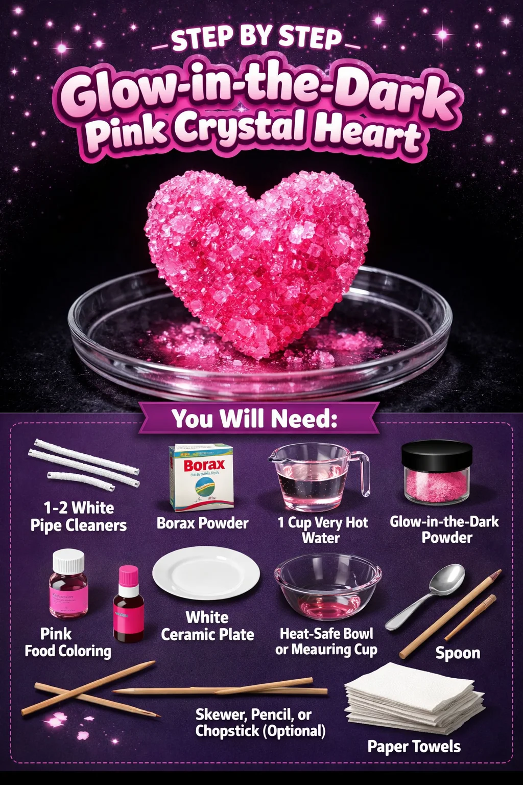 Glow-in-the-dark pink crystal heart for enchanting decor and gifts.