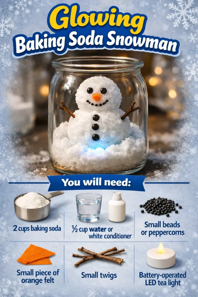 Glowing baking soda snowman with festive decor