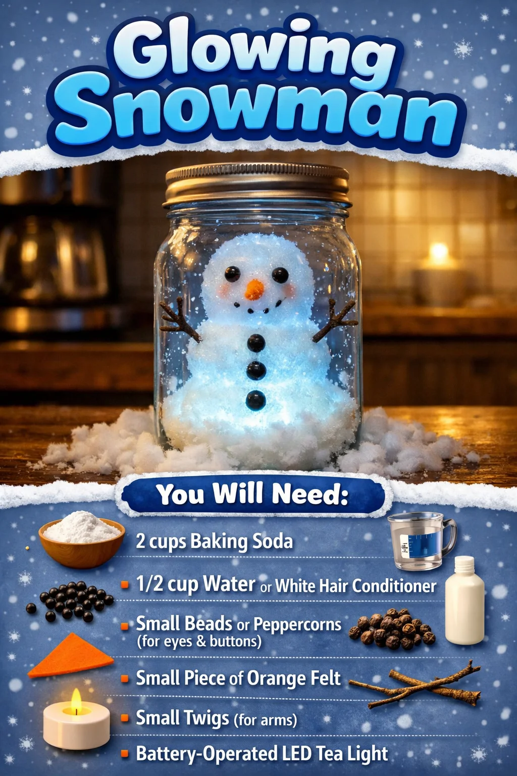 A charming glowing snowman decoration illuminating a snowy landscape.