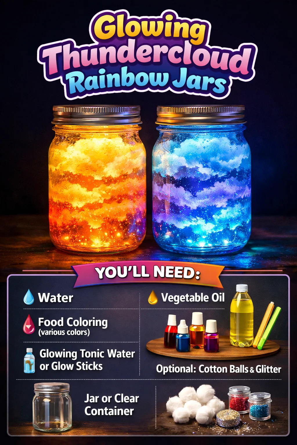 Glowing Thundercloud Rainbow Jars filled with vibrant colors and light.