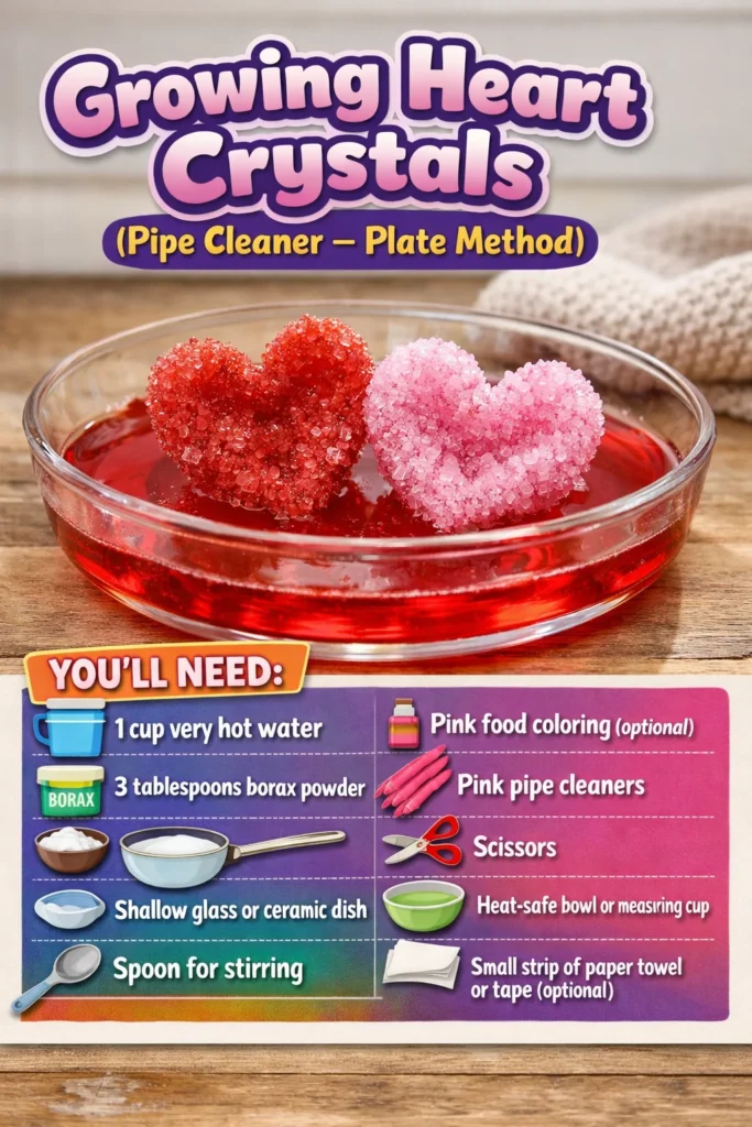 Heart crystals grown using the pipe cleaner plate method in a DIY project.