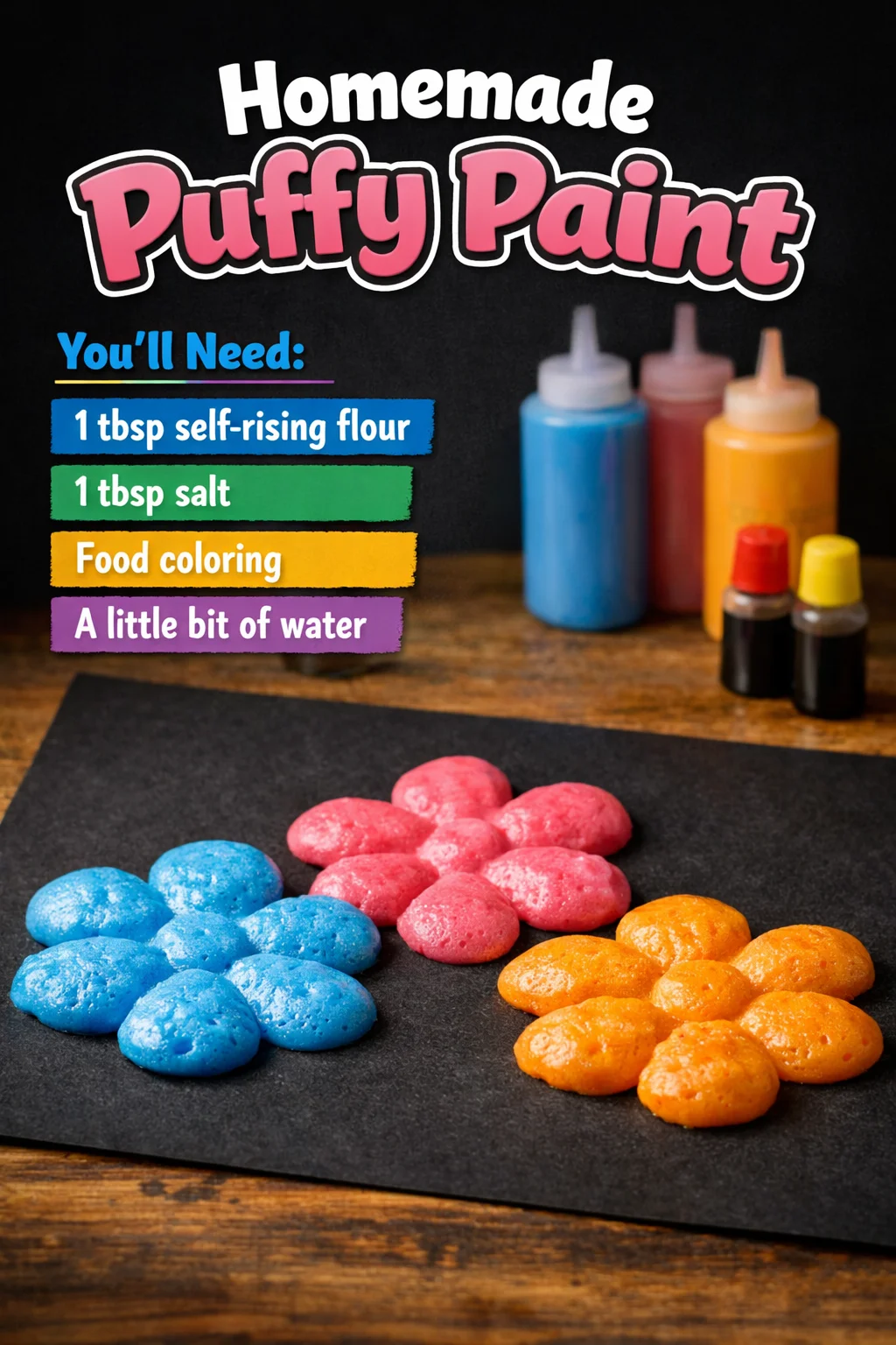 Colorful homemade puffy paint in jars ready for art projects