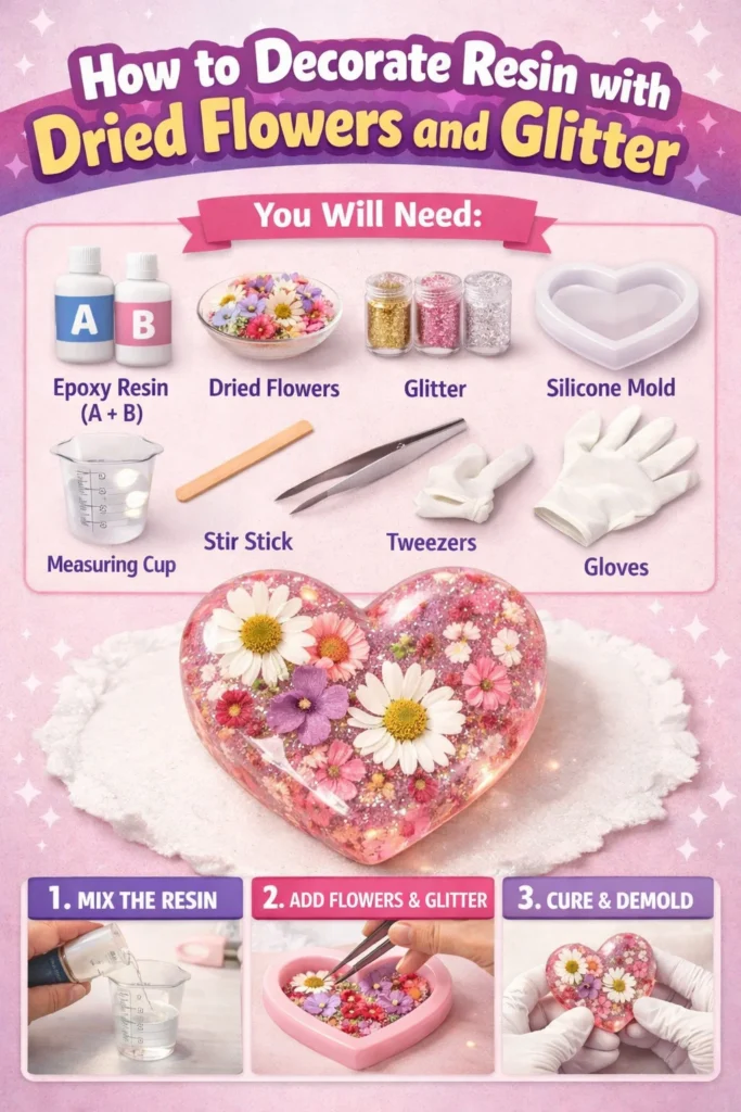 Beautifully decorated resin art with dried flowers and glitter